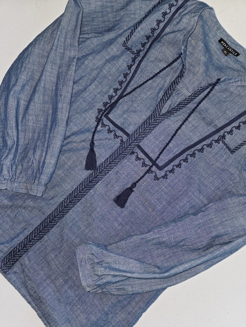 J.Crew Mercantile Chambray Tassel Tie Long Sleeve Embroidered Peasant Top XS